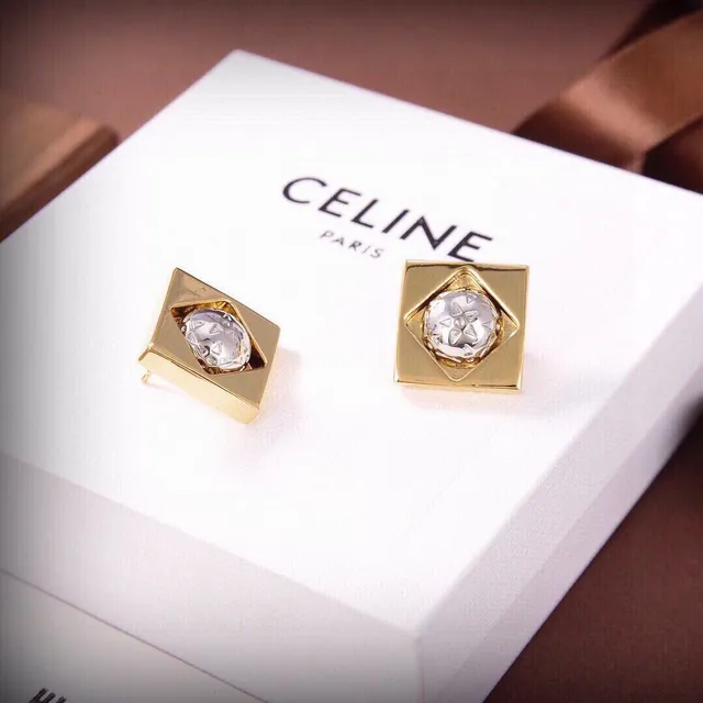 Celine Square Faceted Two-Tone Stud Earrings 3
