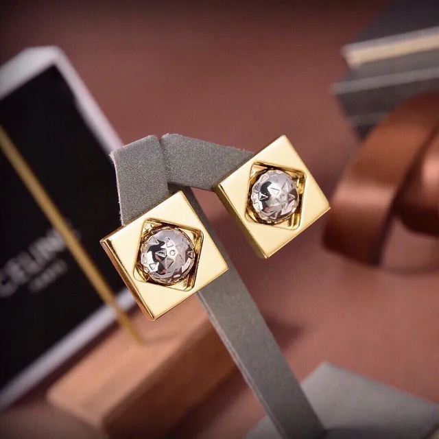 Celine Square Faceted Two-Tone Stud Earrings 4