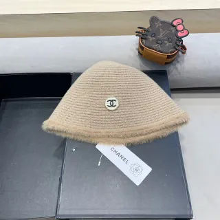 Chanel Beige Brown Ribbed Knit Fuzzy Mohair Trim Bucket Hat