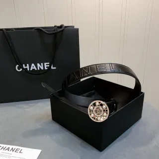 Chanel Black Gold Embossed Branding Pearl-Encrusted Medallion Buckle Leather Belt