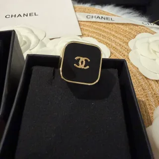 Chanel Black Gold Square Face Enamel Ring