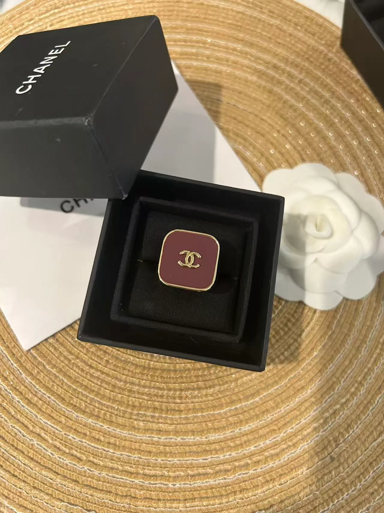 Chanel Black Gold Square Face Enamel Ring 2