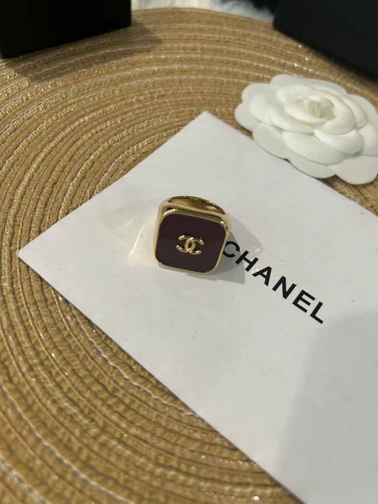Chanel Black Gold Square Face Enamel Ring 3