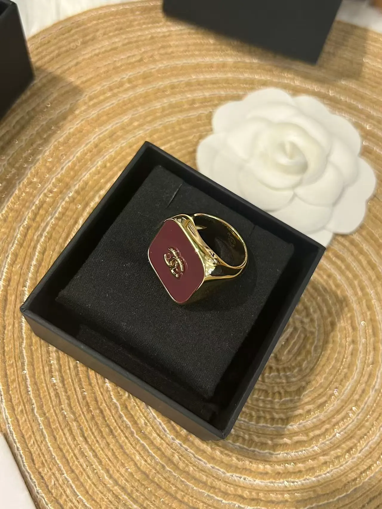 Chanel Black Gold Square Face Enamel Ring 4