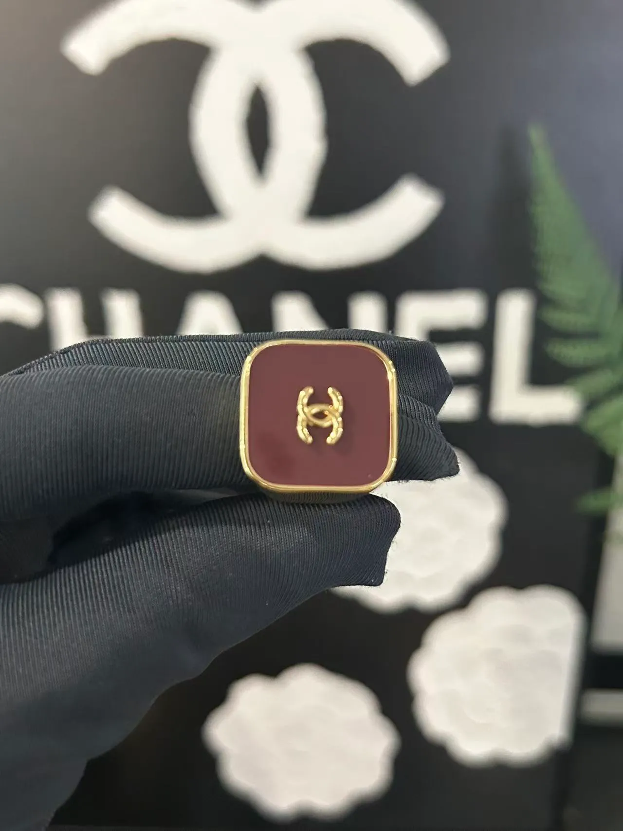 Chanel Black Gold Square Face Enamel Ring 5