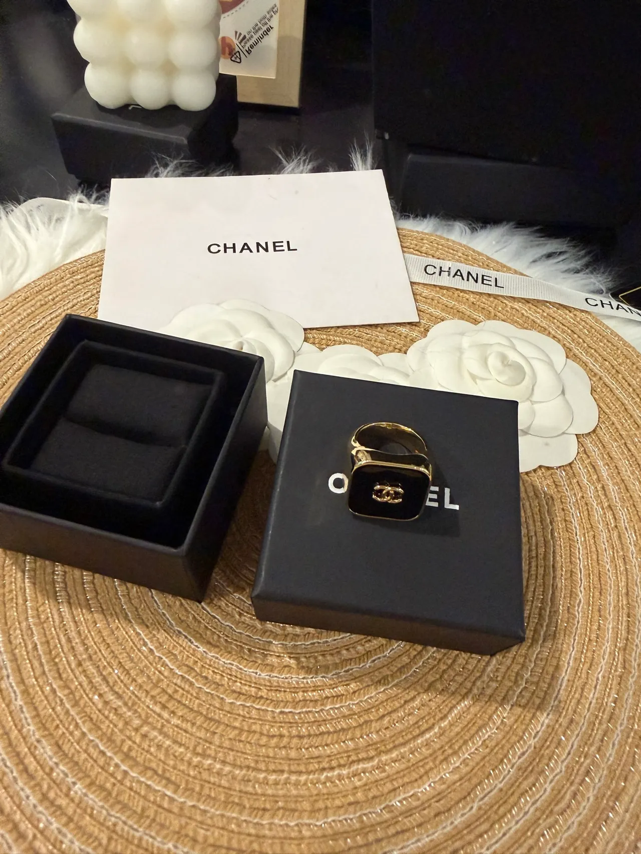 Chanel Black Gold Square Face Enamel Ring 7