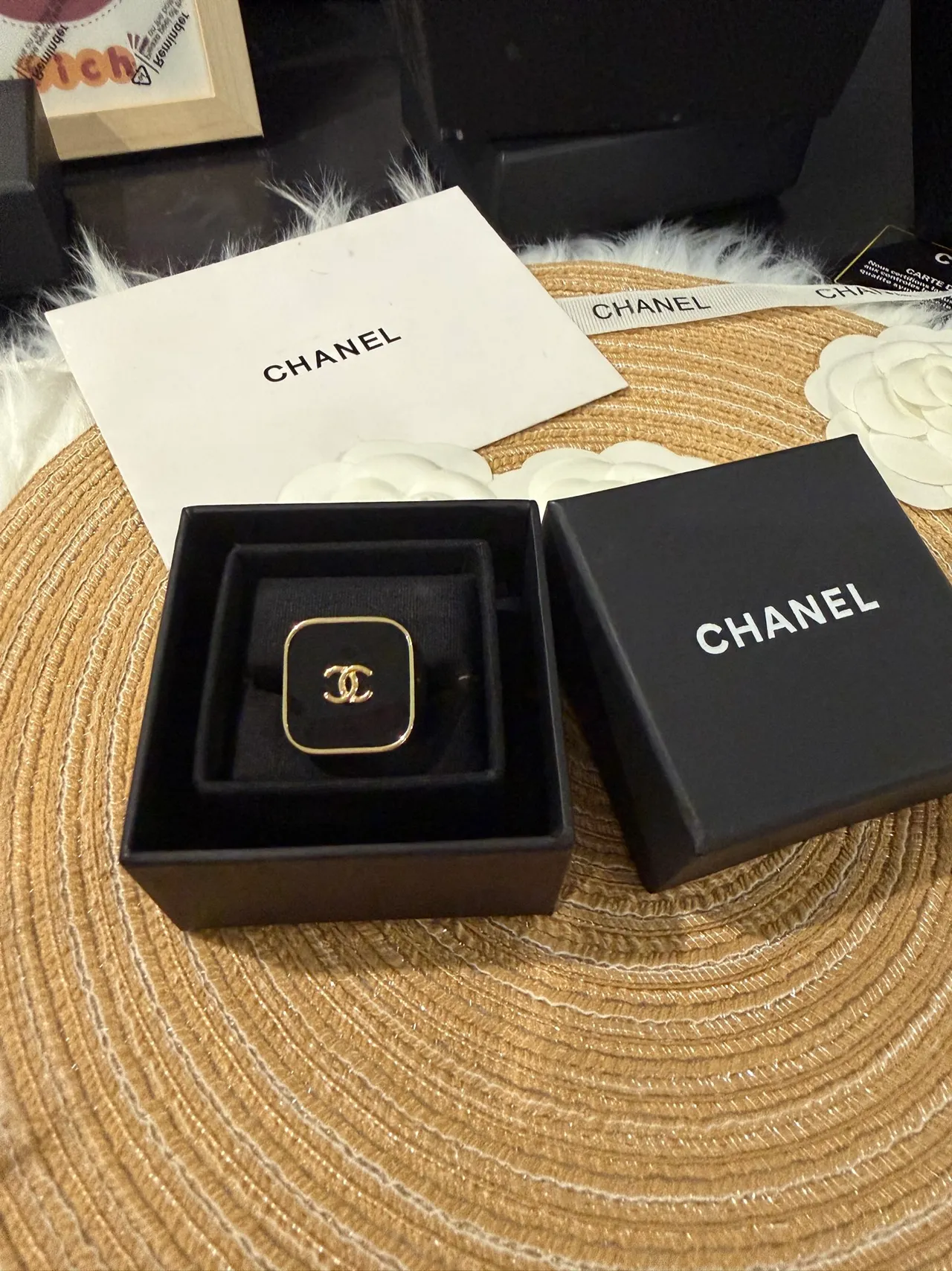 Chanel Black Gold Square Face Enamel Ring 8