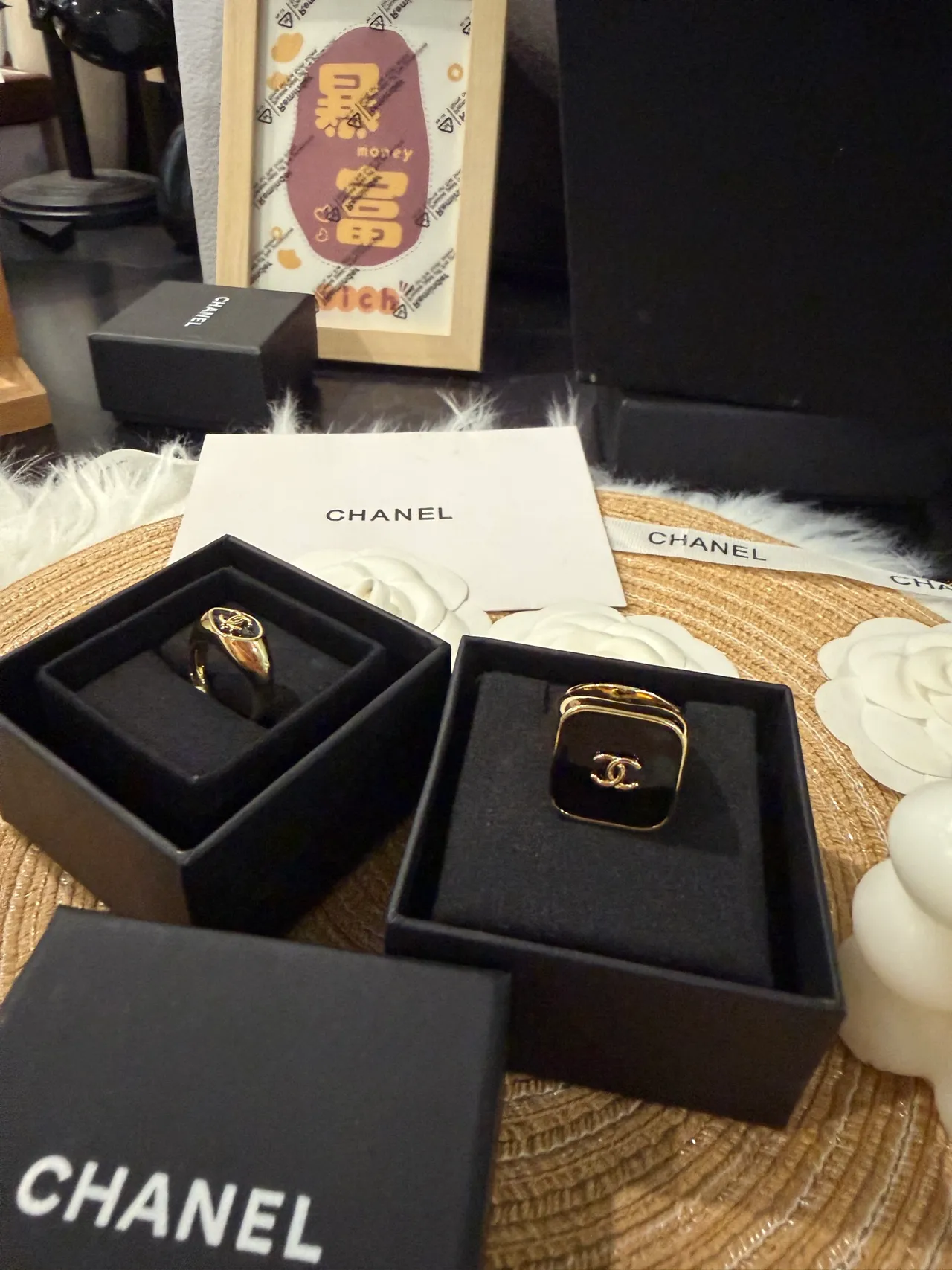 Chanel Black Gold Square Face Enamel Ring 9