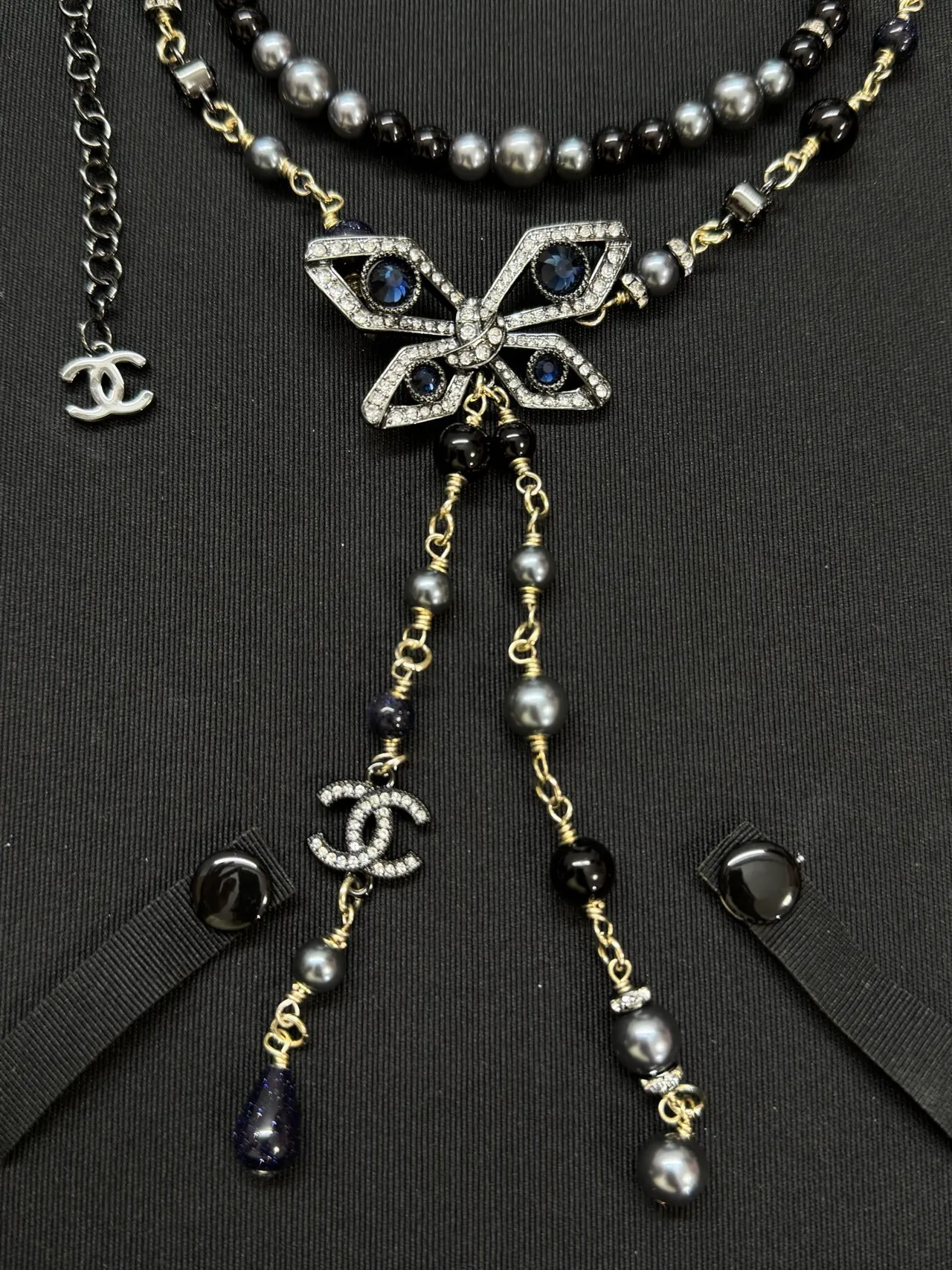 Chanel Black Gray Multi-Strand Beaded Butterfly Pavé Pendant Necklace 2