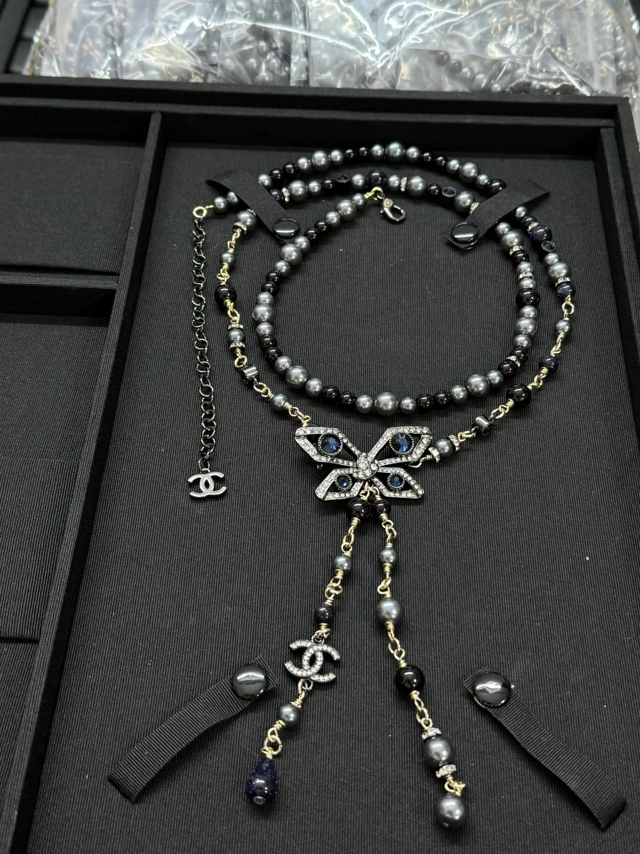 Chanel Black Gray Multi-Strand Beaded Butterfly Pavé Pendant Necklace 3