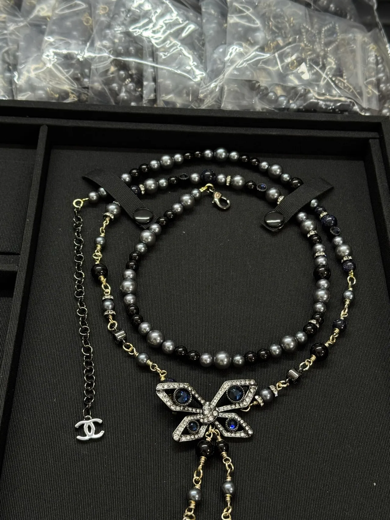 Chanel Black Gray Multi-Strand Beaded Butterfly Pavé Pendant Necklace 4