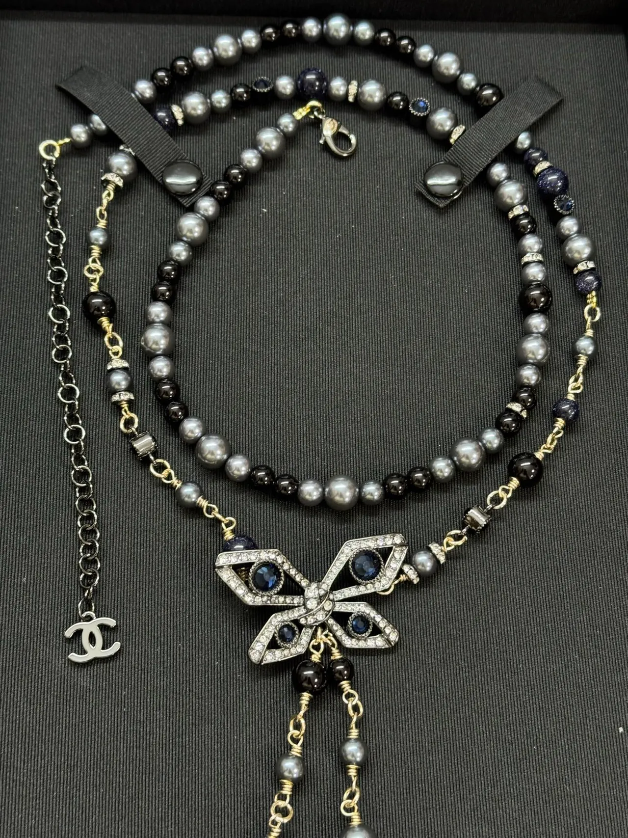 Chanel Black Gray Multi-Strand Beaded Butterfly Pavé Pendant Necklace 5