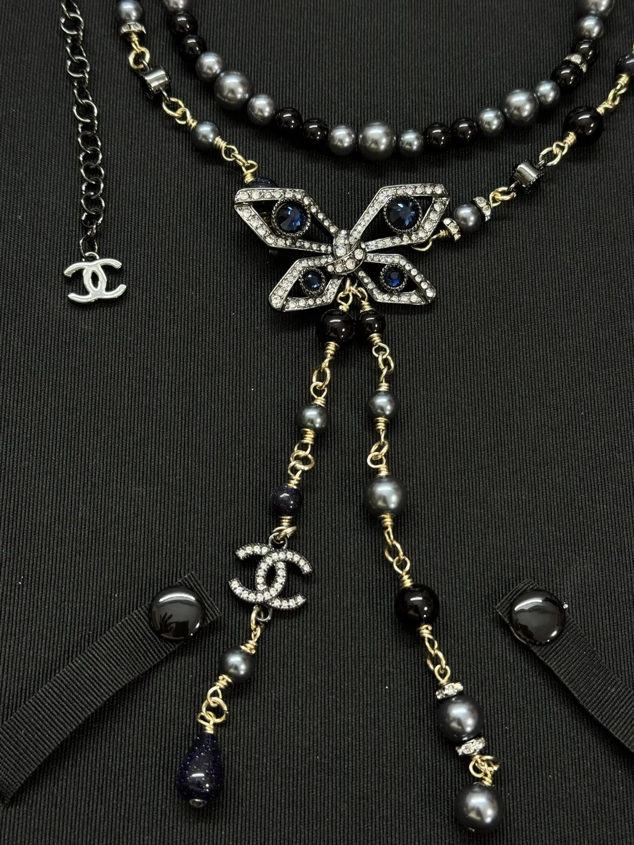 Chanel Black Gray Multi-Strand Beaded Butterfly Pavé Pendant Necklace 6