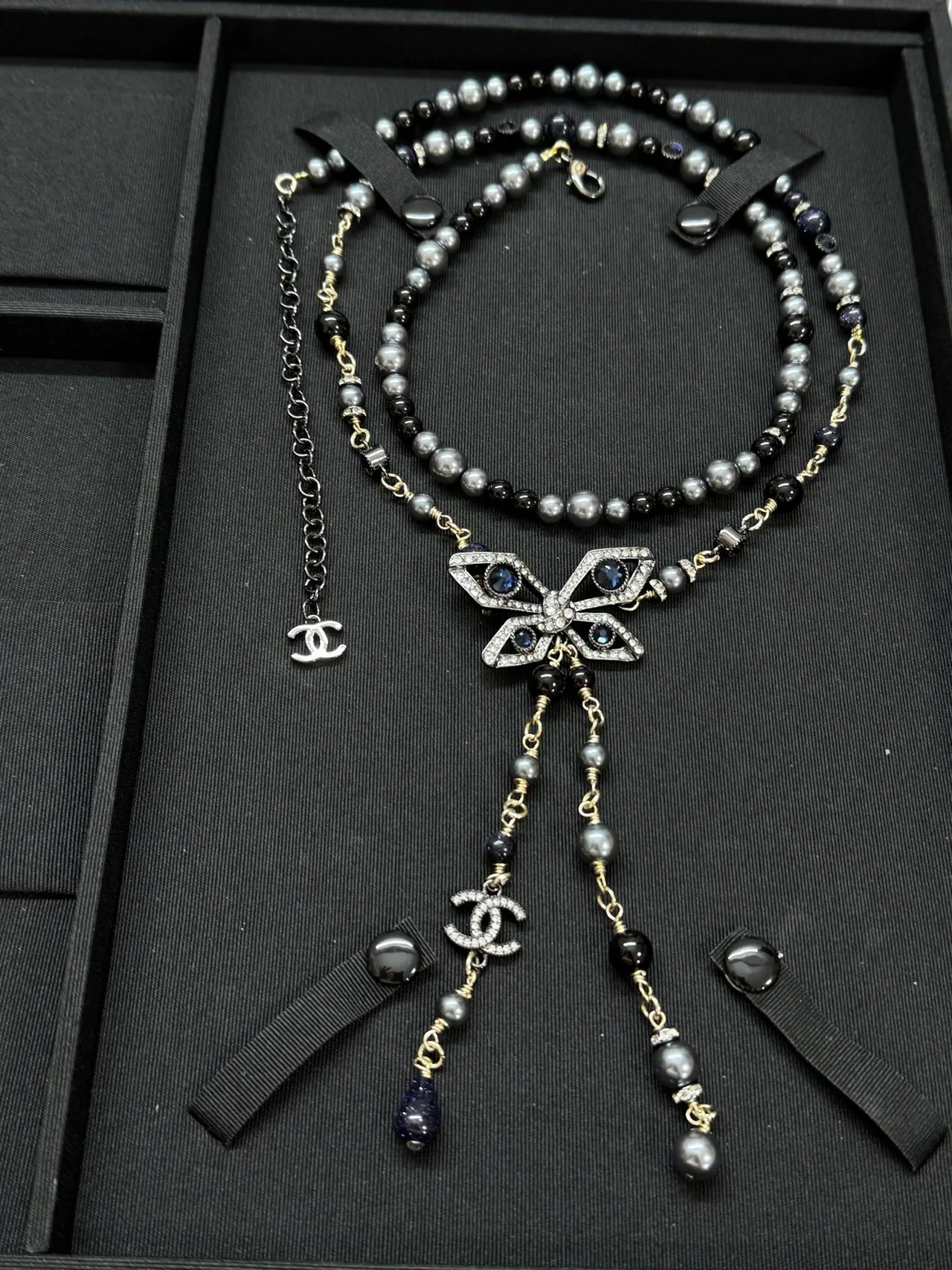 Chanel Black Gray Multi-Strand Beaded Butterfly Pavé Pendant Necklace 7