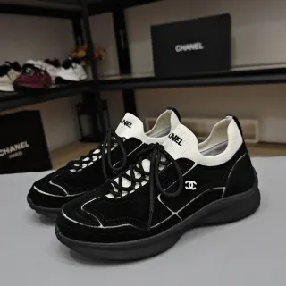 Chanel Black Suede and White Knit Collar Lifestyle Sneakers