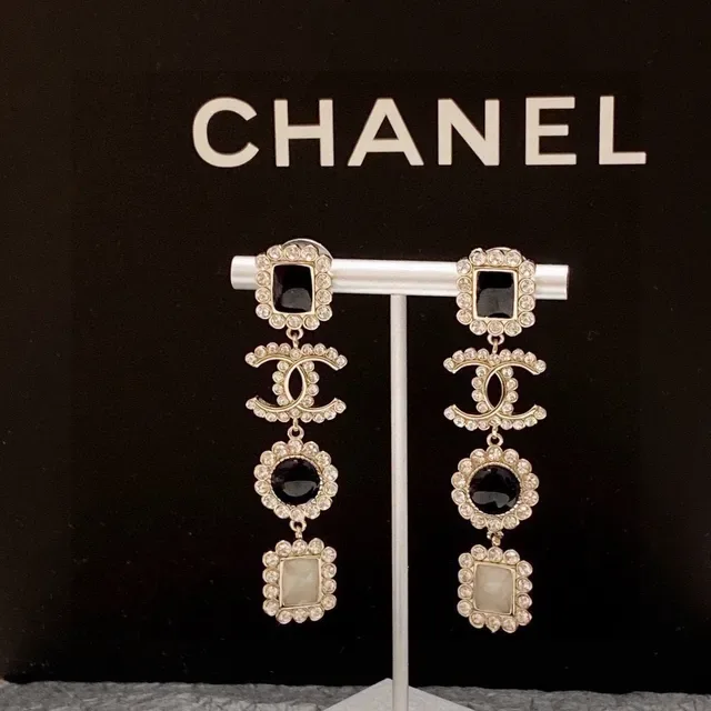 Chanel Black White Multi-Tiered Drop Crystal-Encrusted Earrings 3