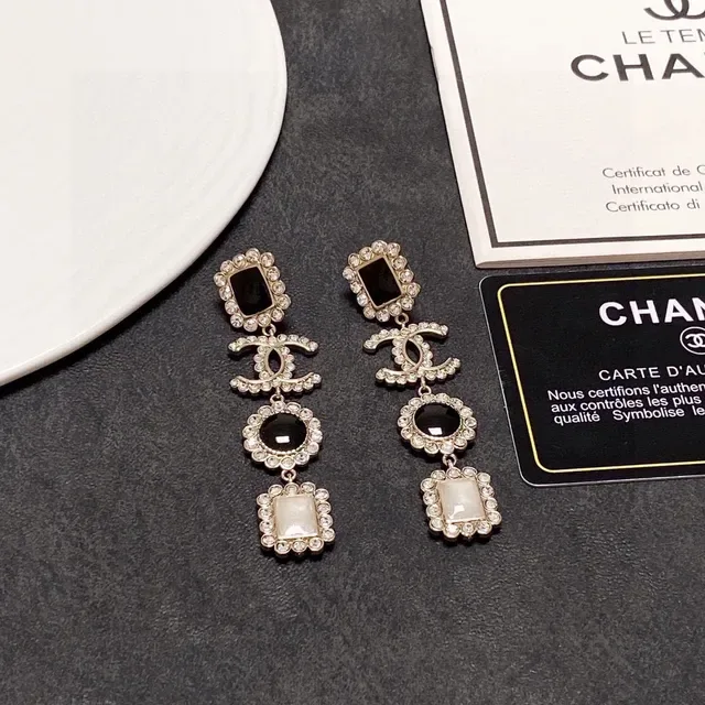 Chanel Black White Multi-Tiered Drop Crystal-Encrusted Earrings 4