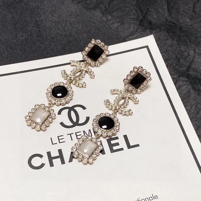 Chanel Black White Multi-Tiered Drop Crystal-Encrusted Earrings 5