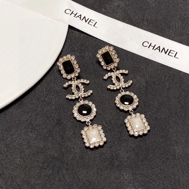 Chanel Black White Multi-Tiered Drop Crystal-Encrusted Earrings 9