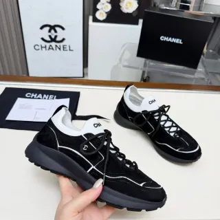 Chanel Black White Suede Upper Contrast Piping Chunky Sneakers
