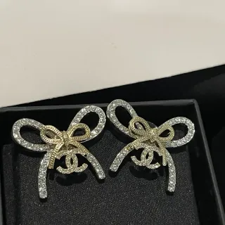 Chanel 蝴蝶结 镶嵌水晶 双色耳环
