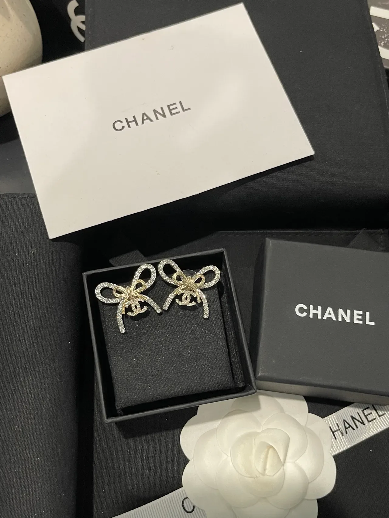 Chanel Bow Pavé-Crystal Dual-Tone Earrings 2