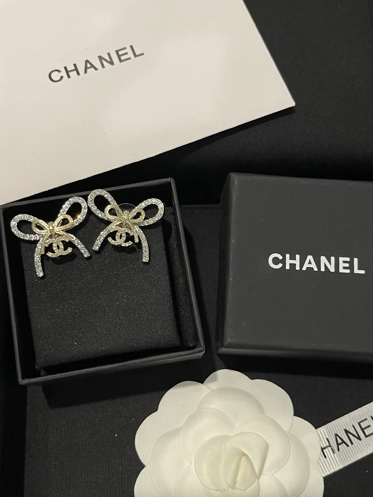 Chanel Bow Pavé-Crystal Dual-Tone Earrings 4