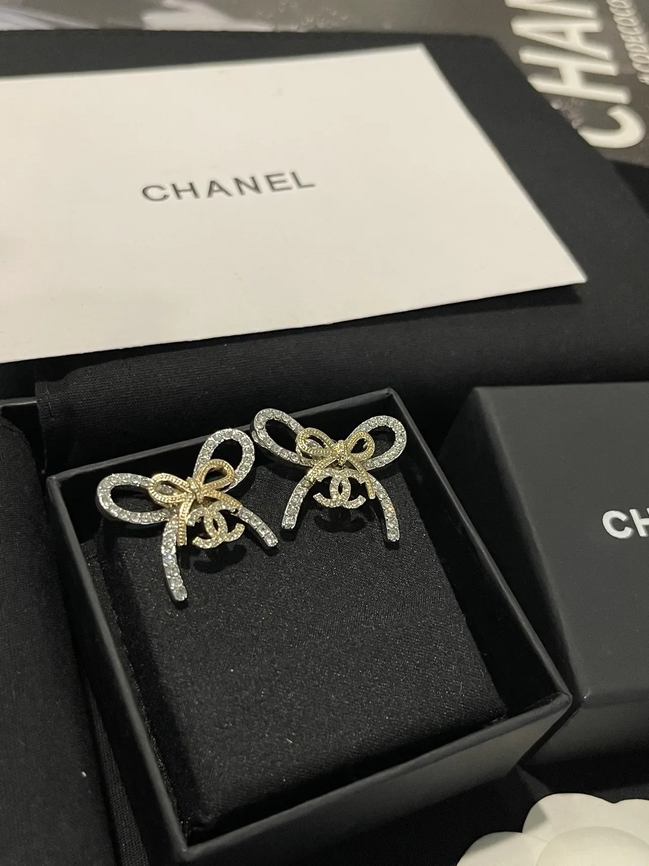 Chanel Bow Pavé-Crystal Dual-Tone Earrings 6