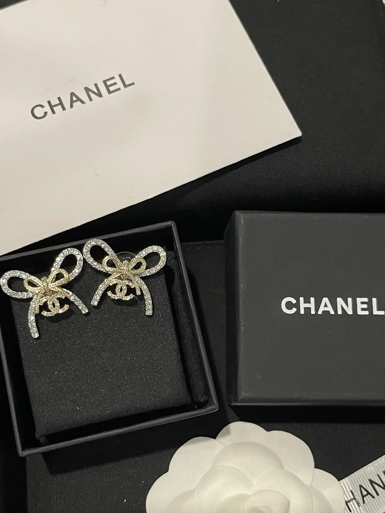 Chanel Bow Pavé-Crystal Dual-Tone Earrings 10