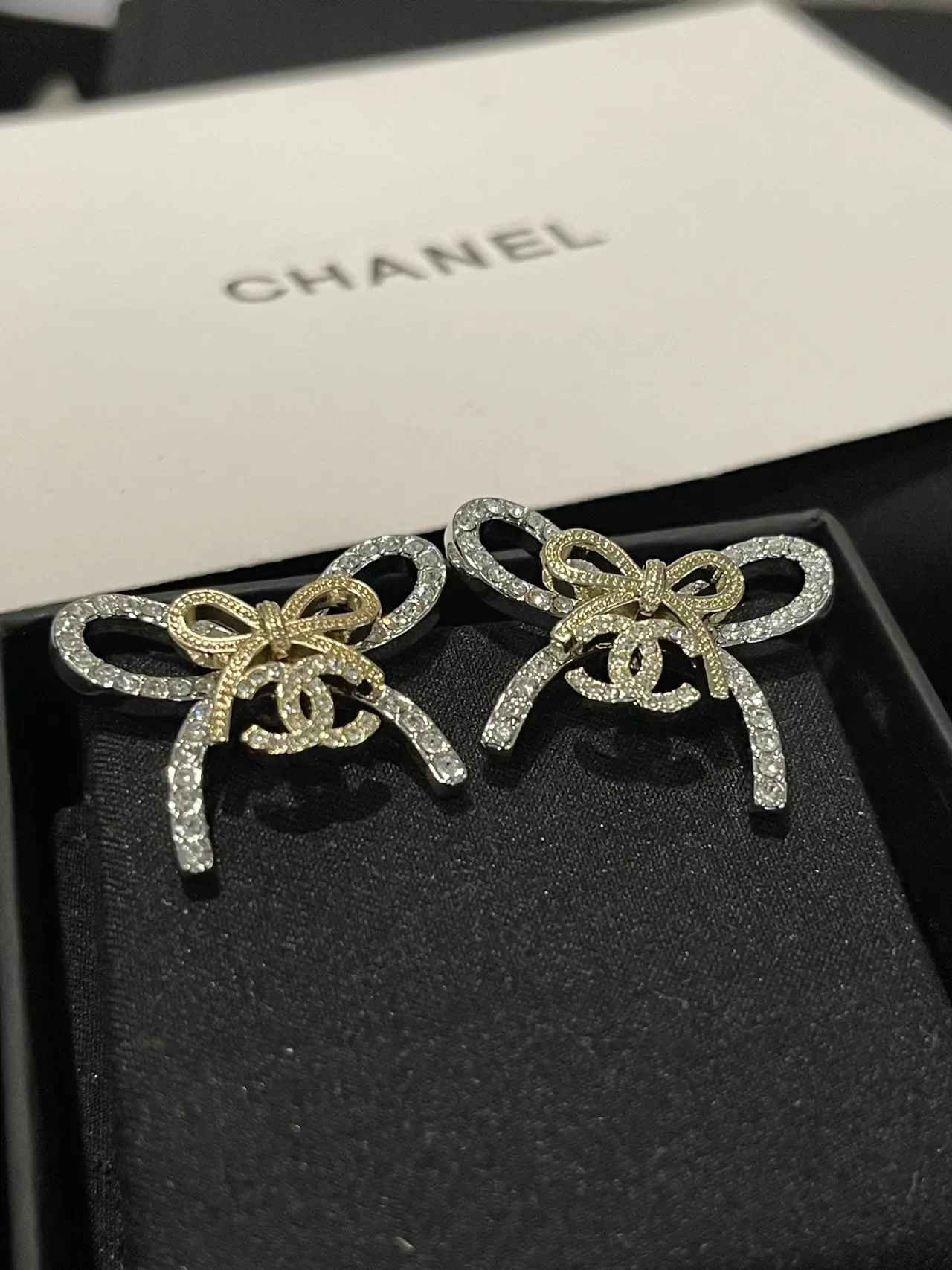 Chanel Bow Pavé-Crystal Dual-Tone Earrings 11