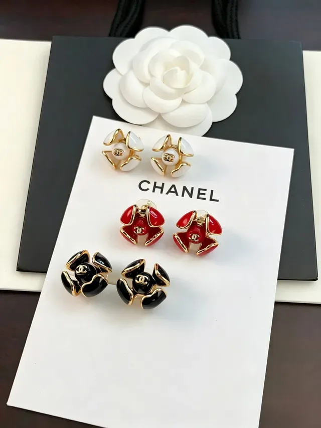 Chanel Camellia Black Gold Enamel Earrings 3
