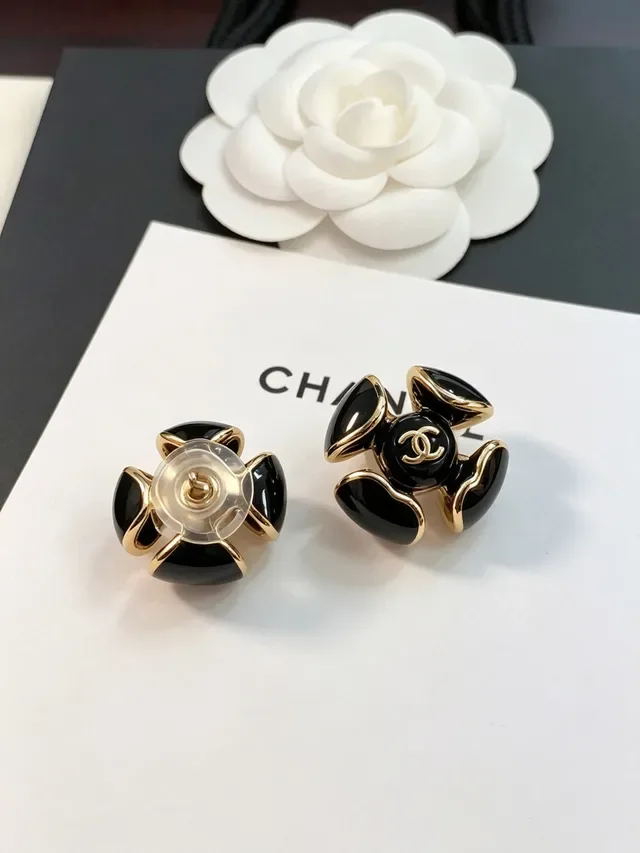 Chanel Camellia Black Gold Enamel Earrings 5