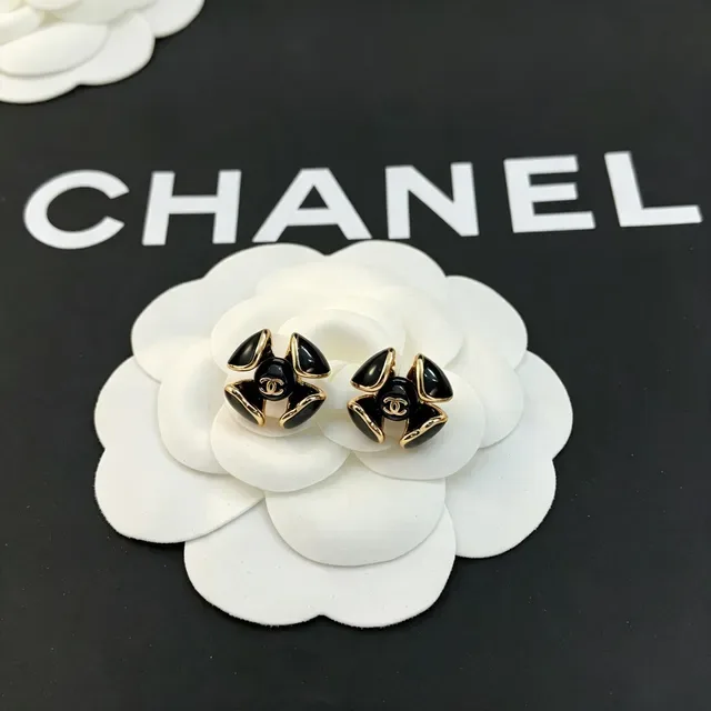 Chanel Camellia Black Gold Enamel Earrings 6