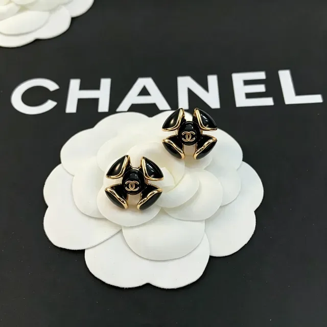 Chanel Camellia Black Gold Enamel Earrings 7