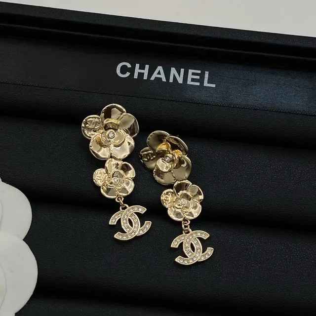 Chanel Camellia Double Flower Pavé CC Logo Drop Earrings 2