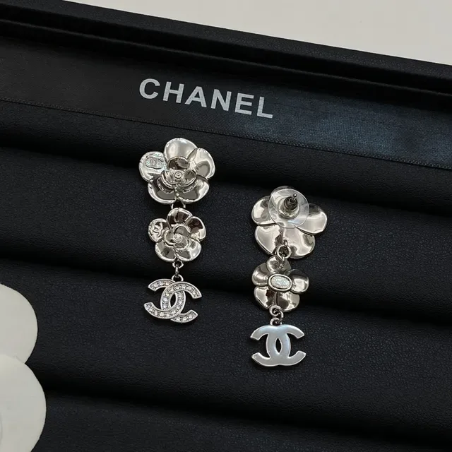 Chanel Camellia Double Flower Pavé CC Logo Drop Earrings 3