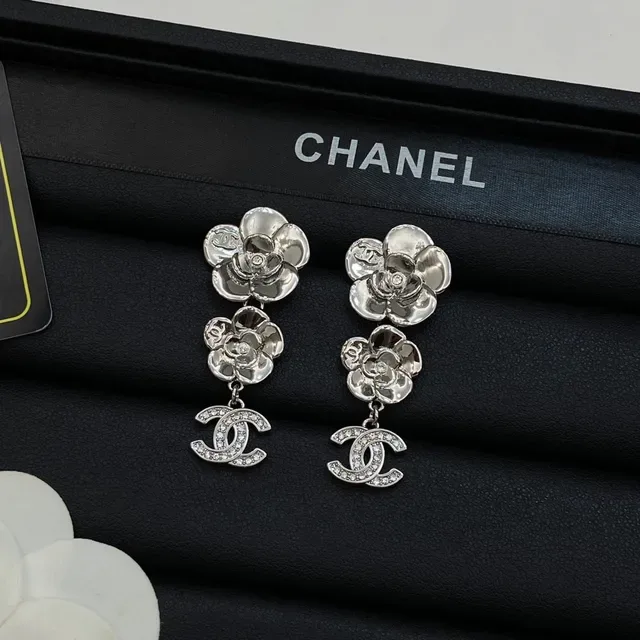 Chanel Camellia Double Flower Pavé CC Logo Drop Earrings 4