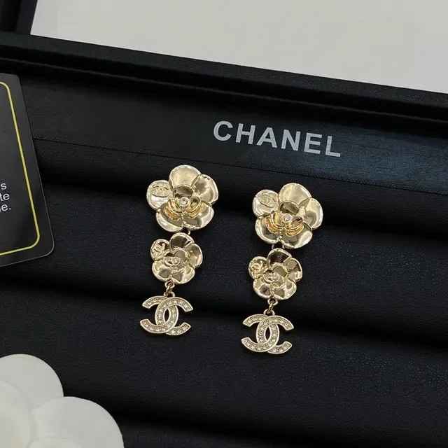 Chanel Camellia Double Flower Pavé CC Logo Drop Earrings 5