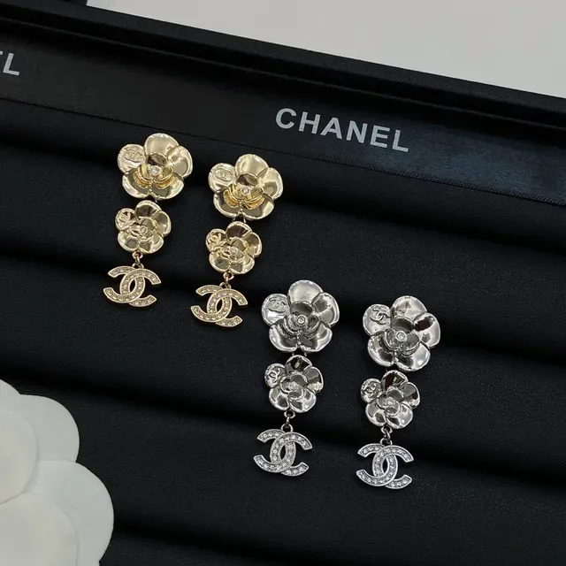 Chanel Camellia Double Flower Pavé CC Logo Drop Earrings 6