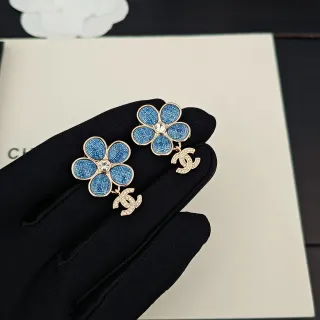Chanel Camellia Flower Blue Denim-Textured Pavé-Crystal Earrings