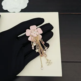 Chanel Camellia Fringe Brooch Pink Gold Floral Motif Dangling Chain Brooch
