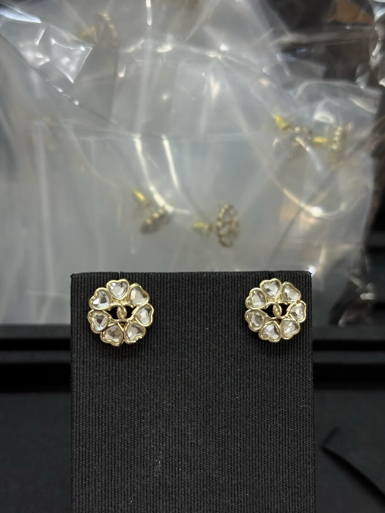 Chanel Camellia Gold Transparent Floral Motif Metal Earrings 6