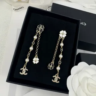 Chanel Camellia Pearl Chain Dangle Earrings