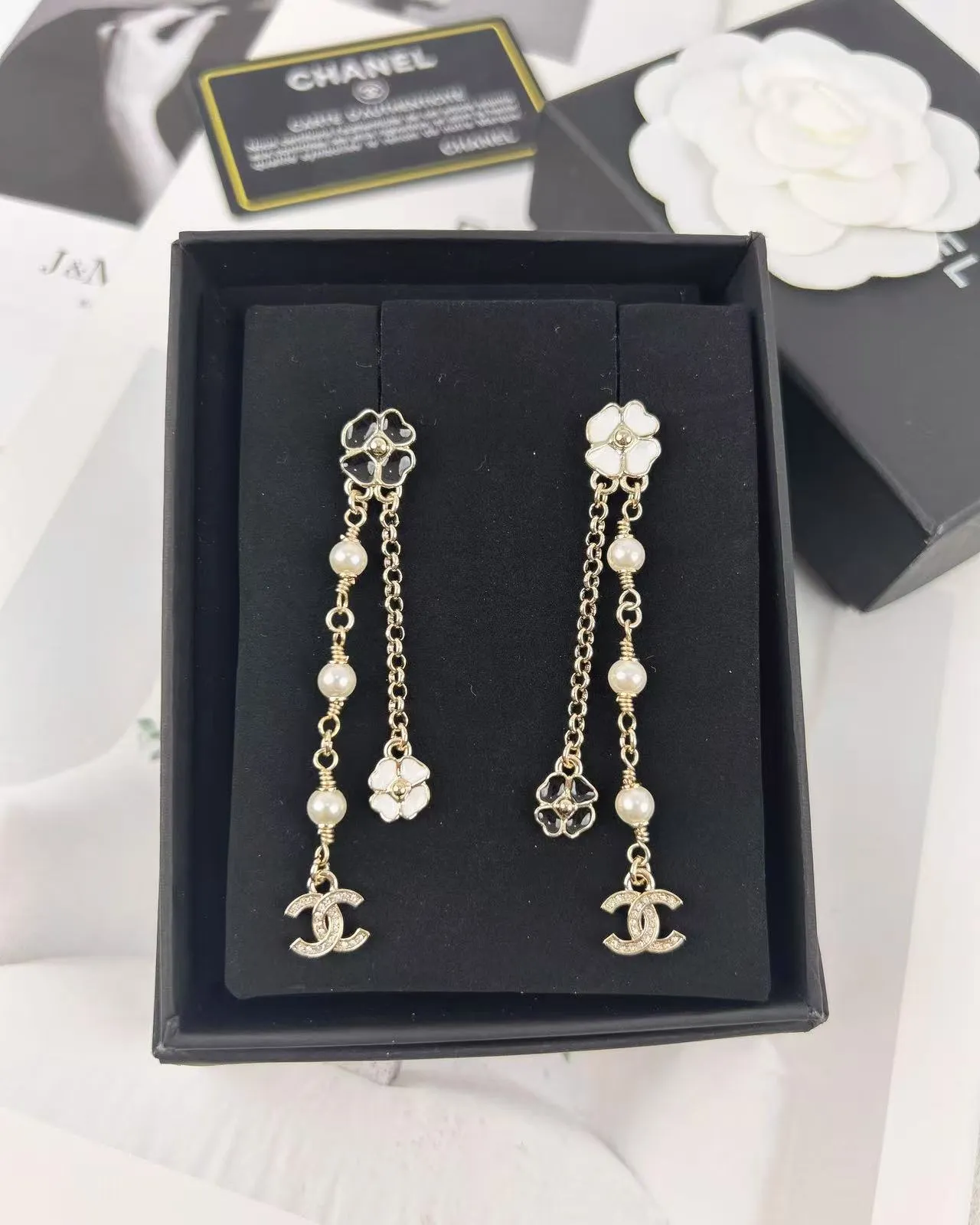 Chanel Camellia Pearl Chain Dangle Earrings 2