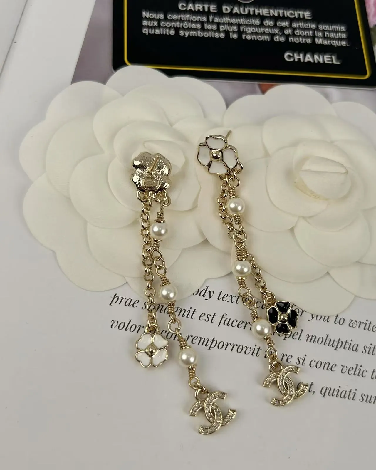 Chanel Camellia Pearl Chain Dangle Earrings 3