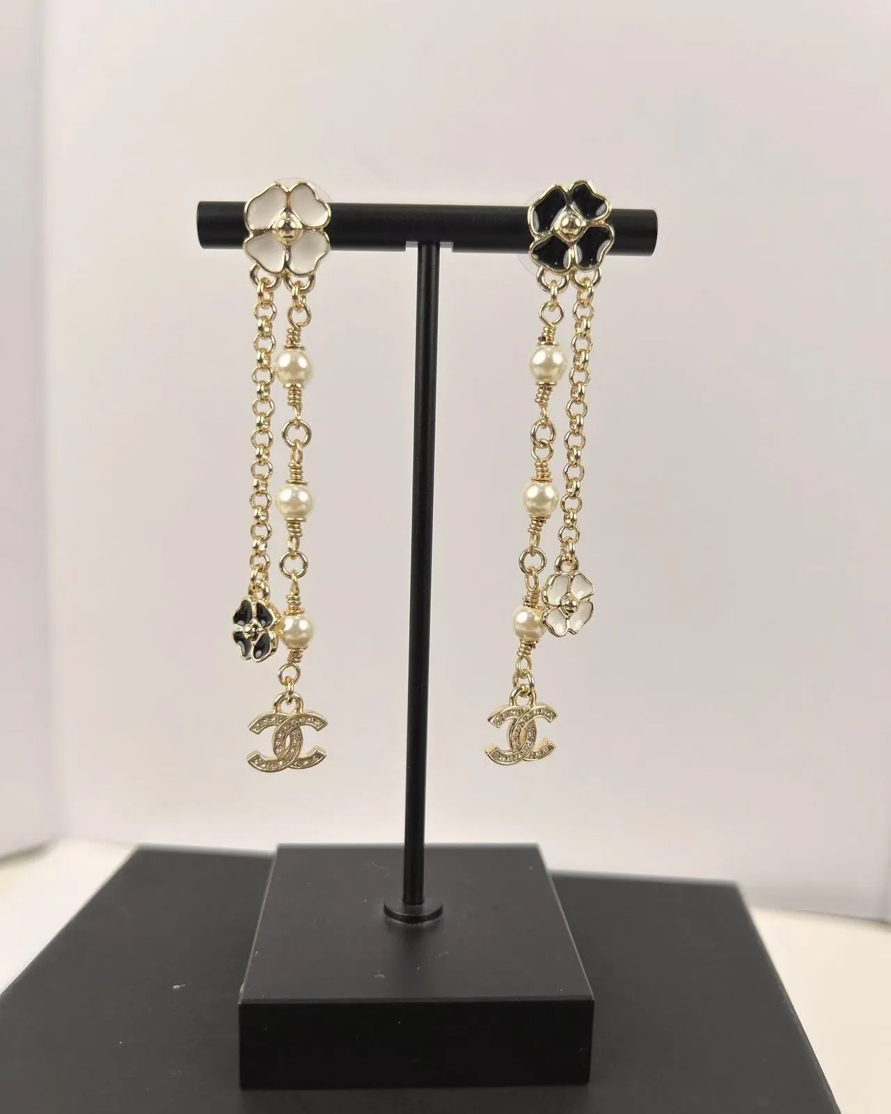Chanel Camellia Pearl Chain Dangle Earrings 4
