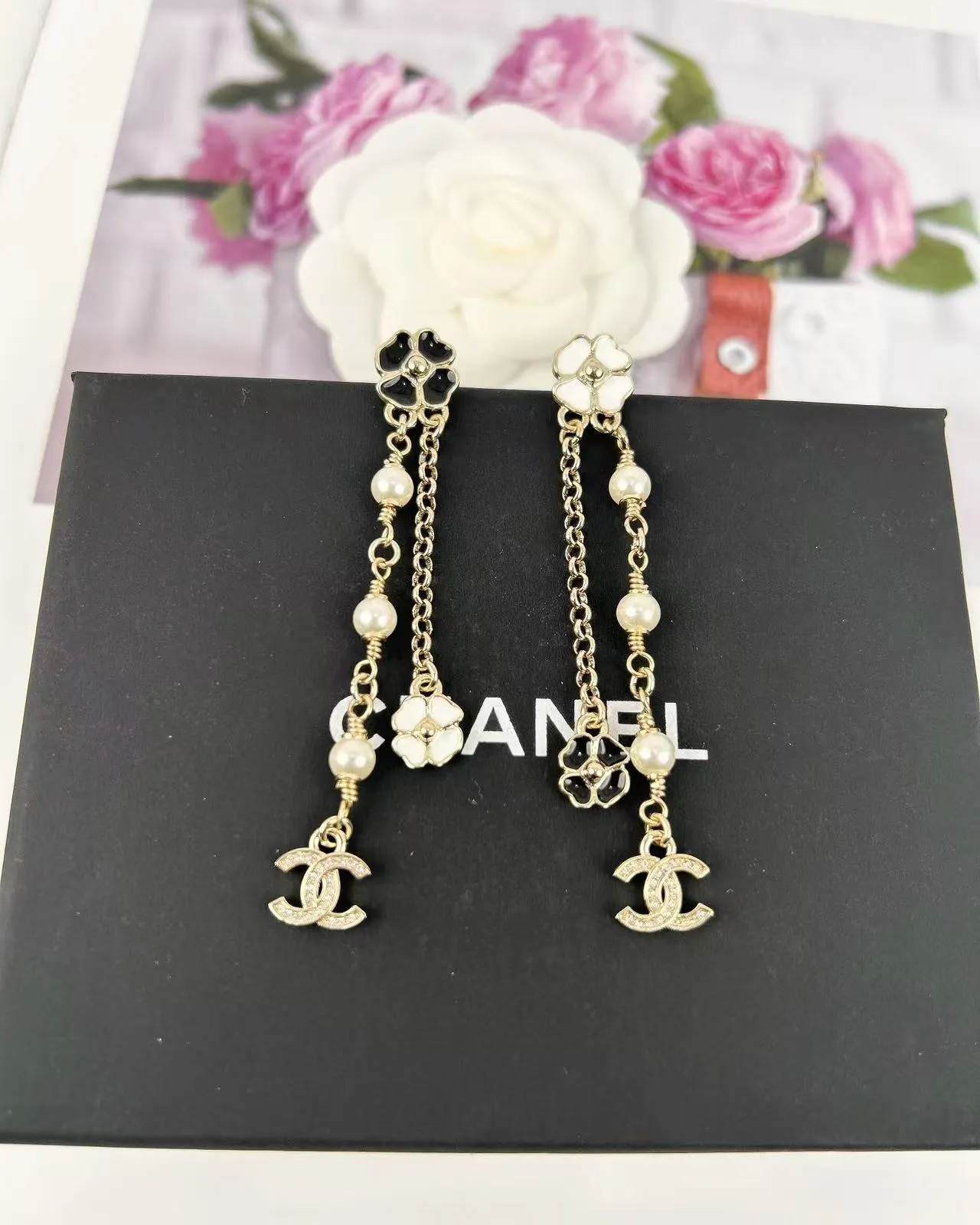 Chanel Camellia Pearl Chain Dangle Earrings 5