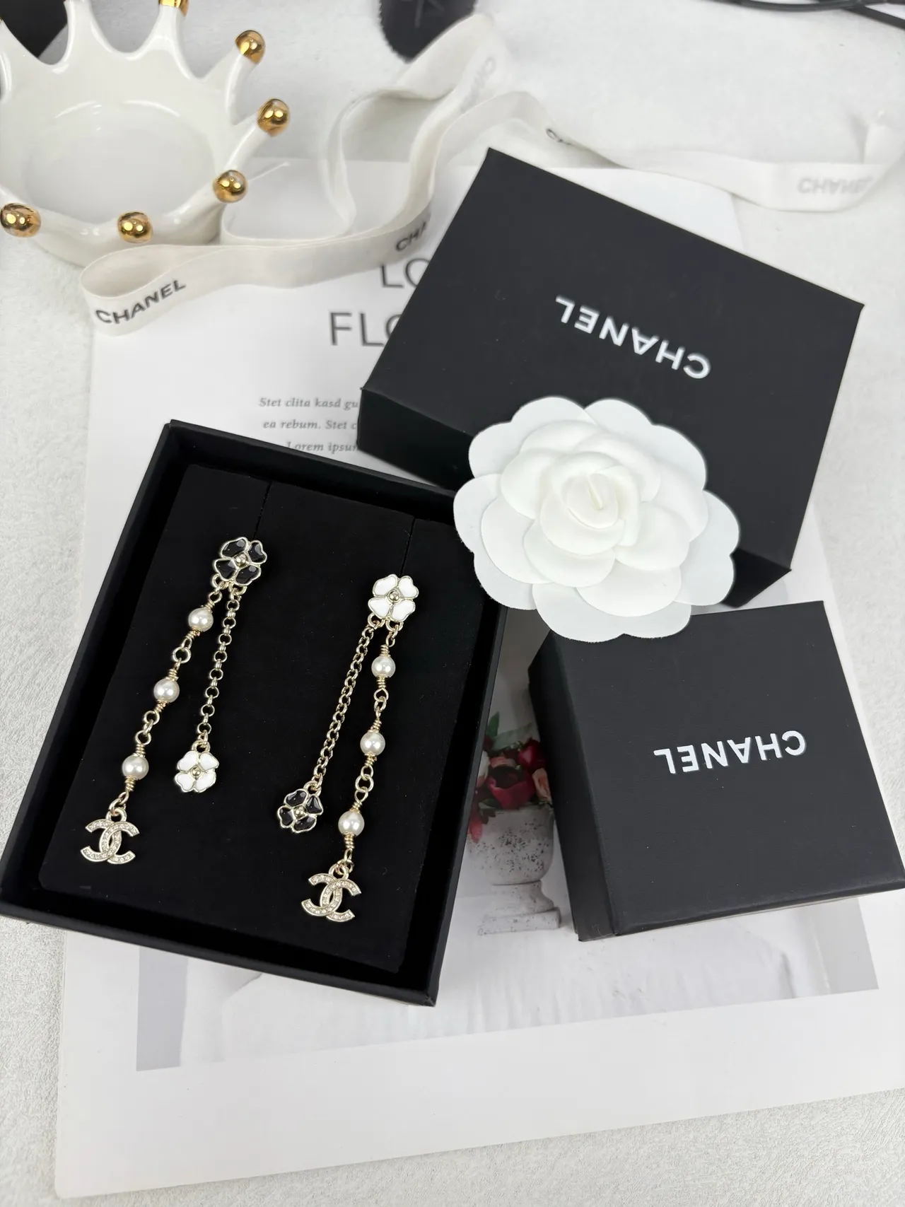 Chanel Camellia Pearl Chain Dangle Earrings 6