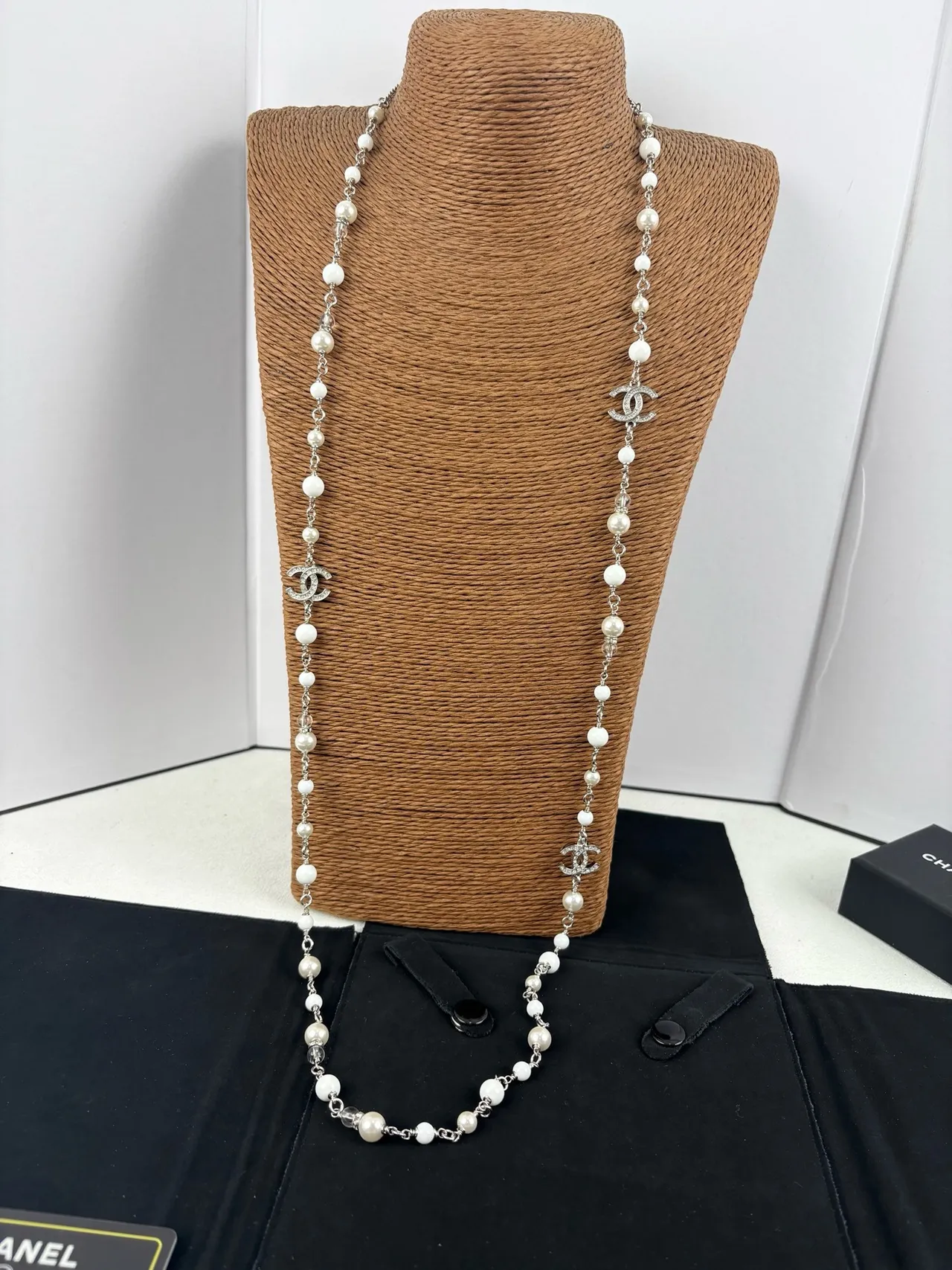 Chanel Camellia Pearl Necklace White Silver Beaded Chain Detachable Brooch Necklace 4