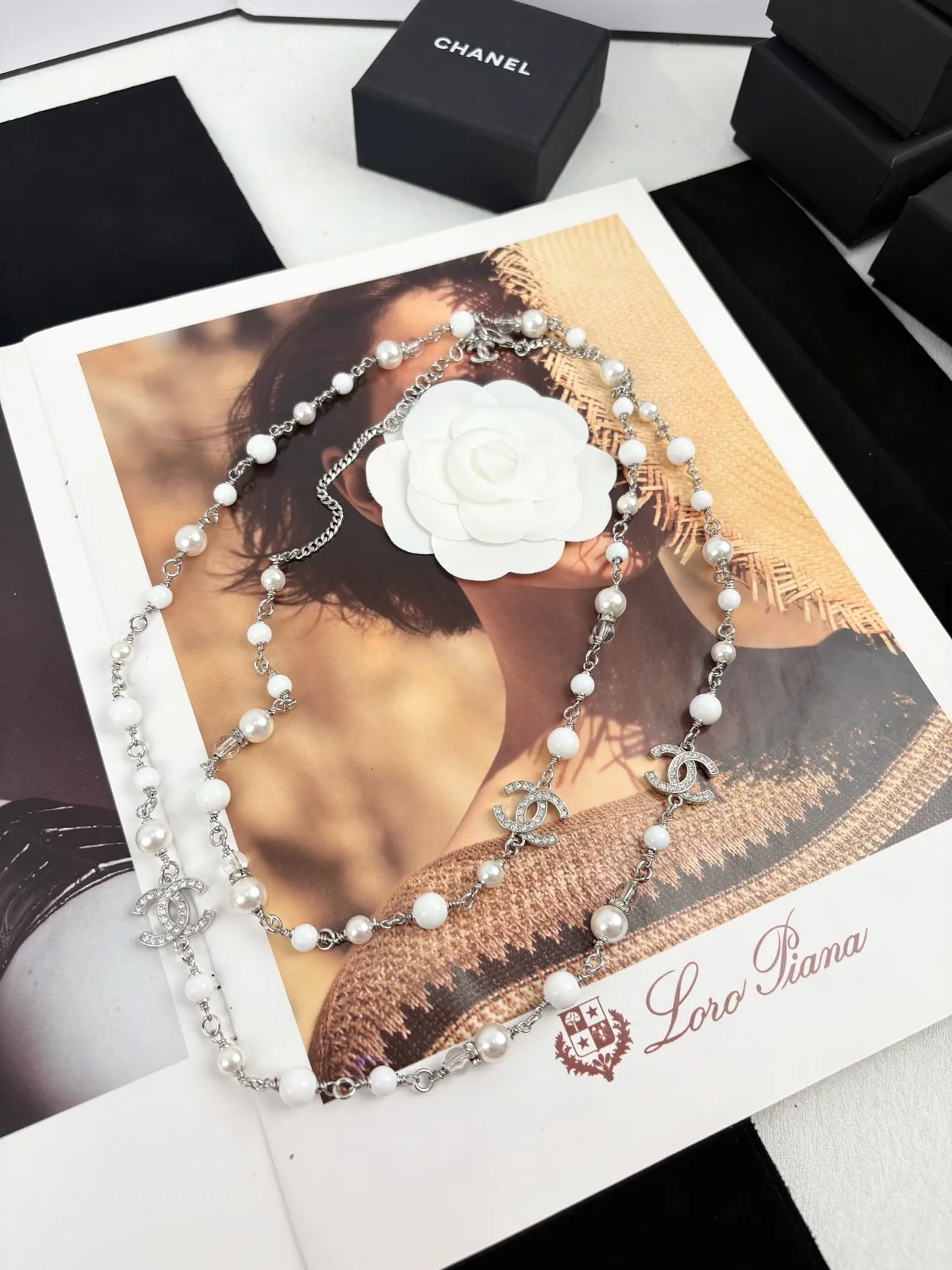 Chanel Camellia Pearl Necklace White Silver Beaded Chain Detachable Brooch Necklace 5